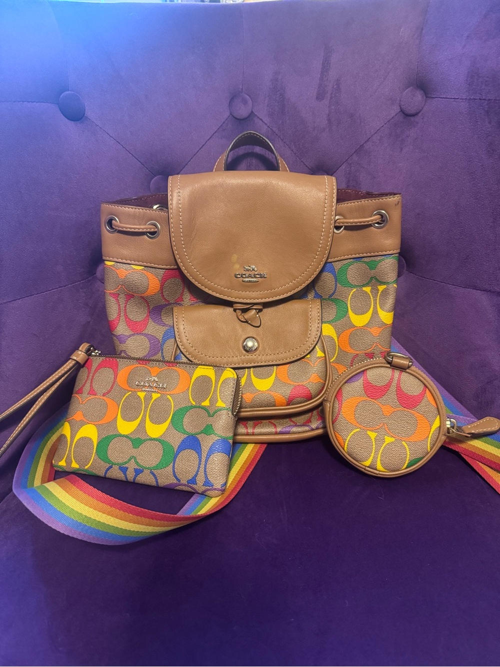 Coach Rainbow Signature Canvas Backpack Set - Brown Leather Trim
